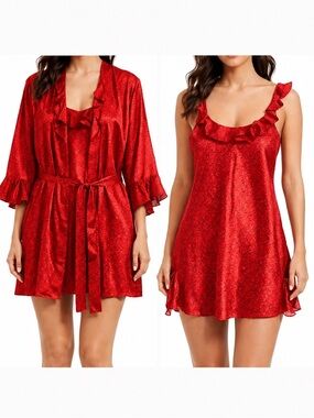 Morgan Taylor Red Satin Ruffle Black Hearts Chemise & Robe Set